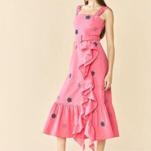 Pink Floral Ruffle Midi Dress